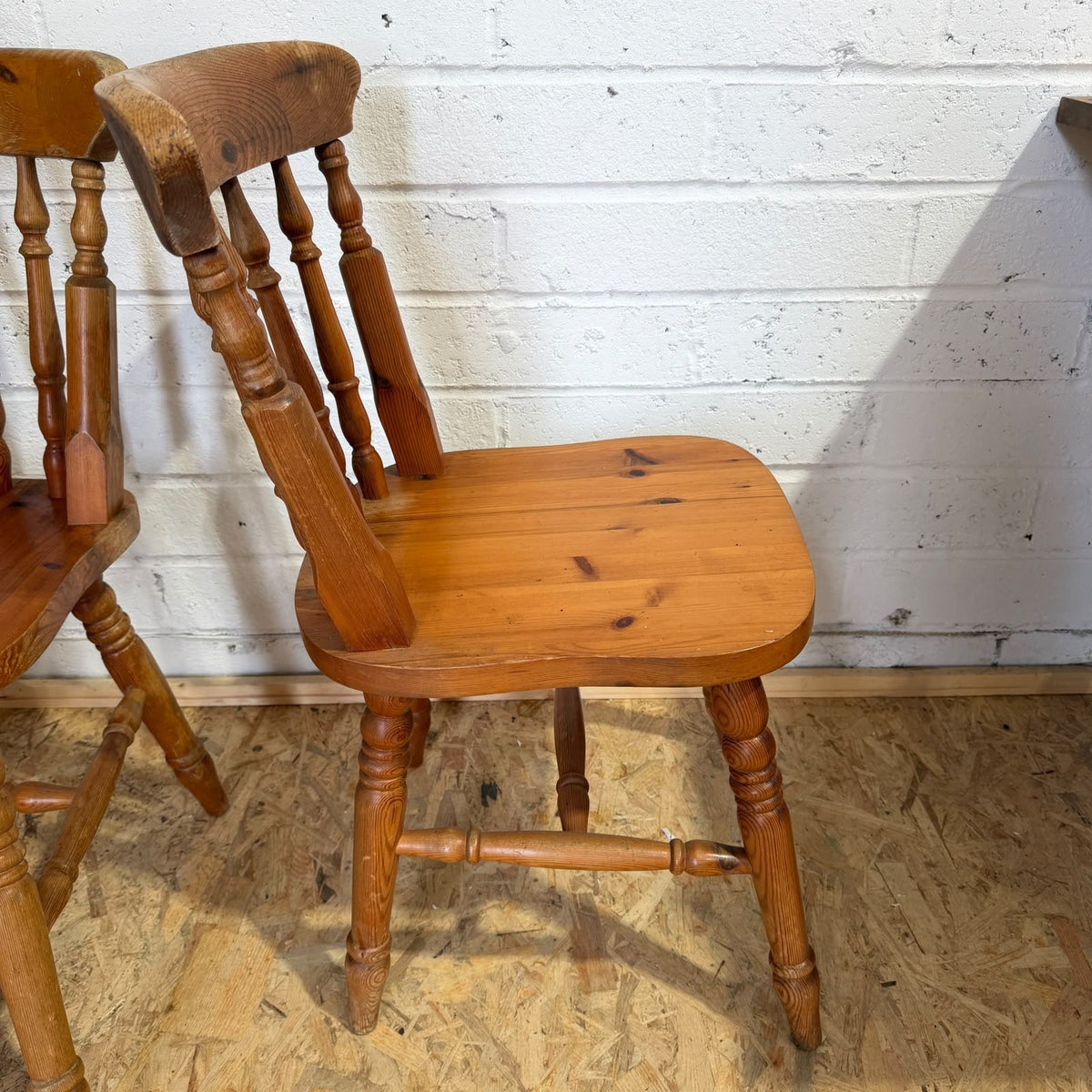 Pair Pine Rustic Vintage Farmhouse Chairs Turned Backs And Legs Solid