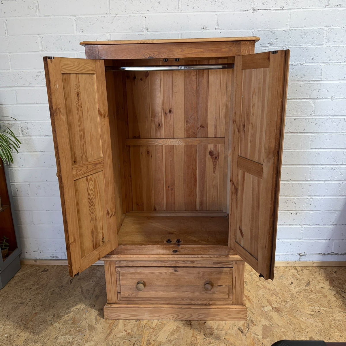 Vintage Pine Small Double Wardrobe Over Single Drawer Hanging Rail Knob Handles