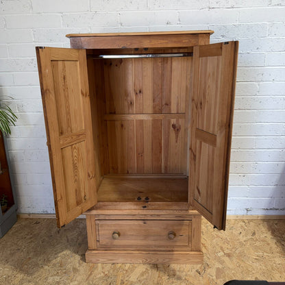 Vintage Pine Small Double Wardrobe Over Single Drawer Hanging Rail Knob Handles