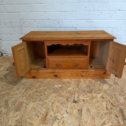 Low Pine Window Seat Media Unit 2 Cupboards Shelf Over Drawer