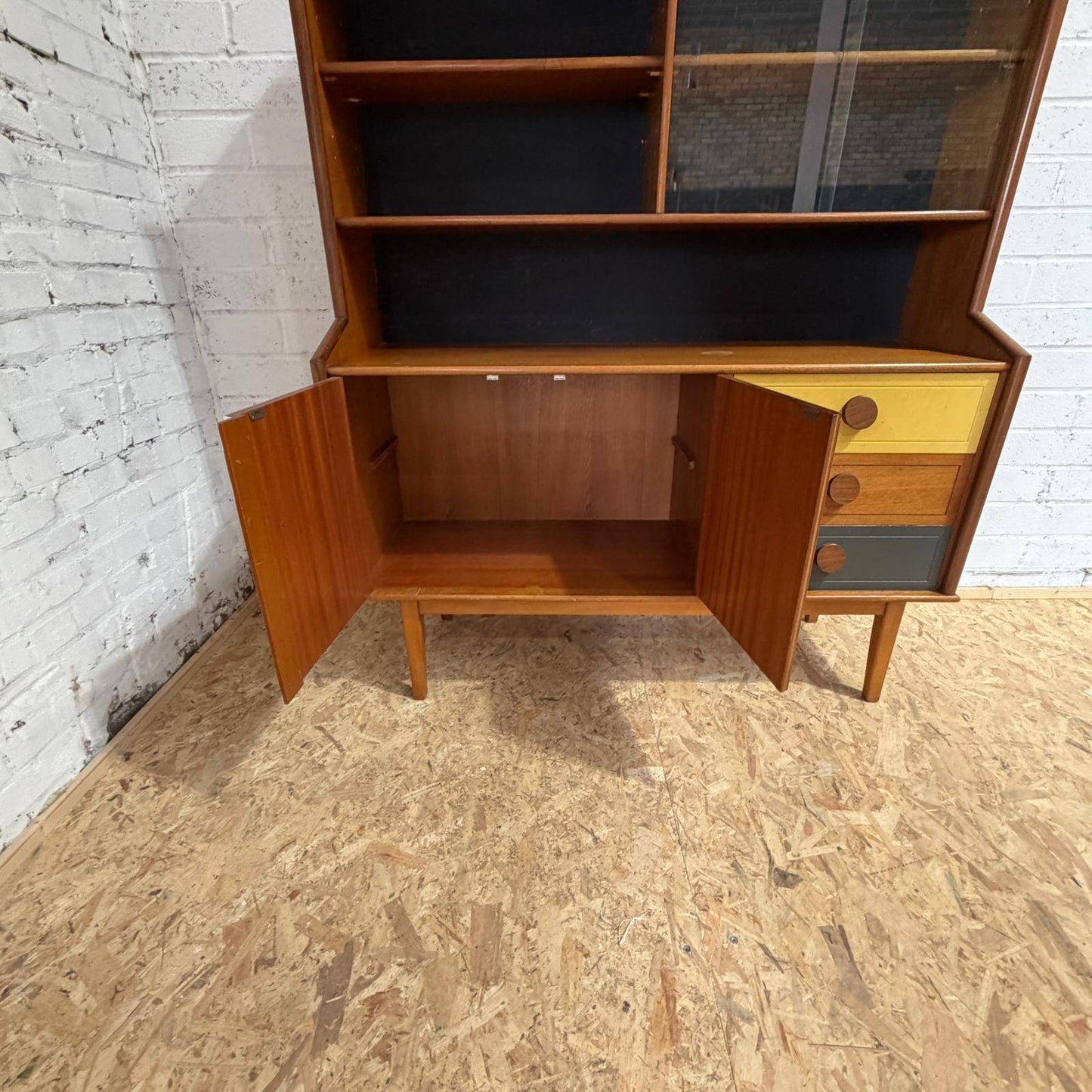 Mid Century Teak Display Cocktail Cabinet Sideboard Double Cupboard and Drawers