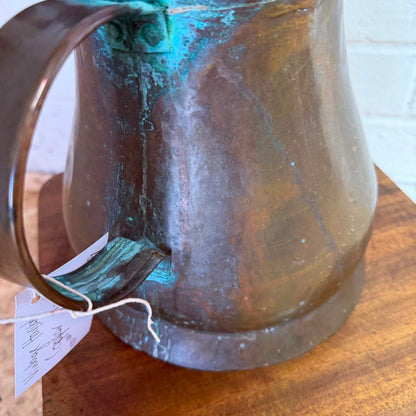 Antique Copper Harvest/Ale Jug 19thC Large Handmade Pitcher Verdigris Patina