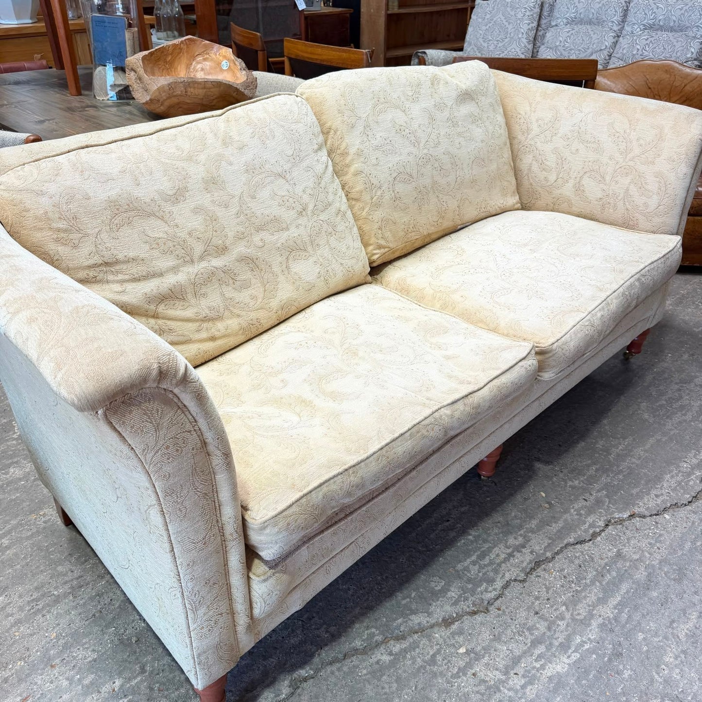 Large High Arm 3 Seater Sofa Warm Cream Floral Design Front Castors Stowe Design