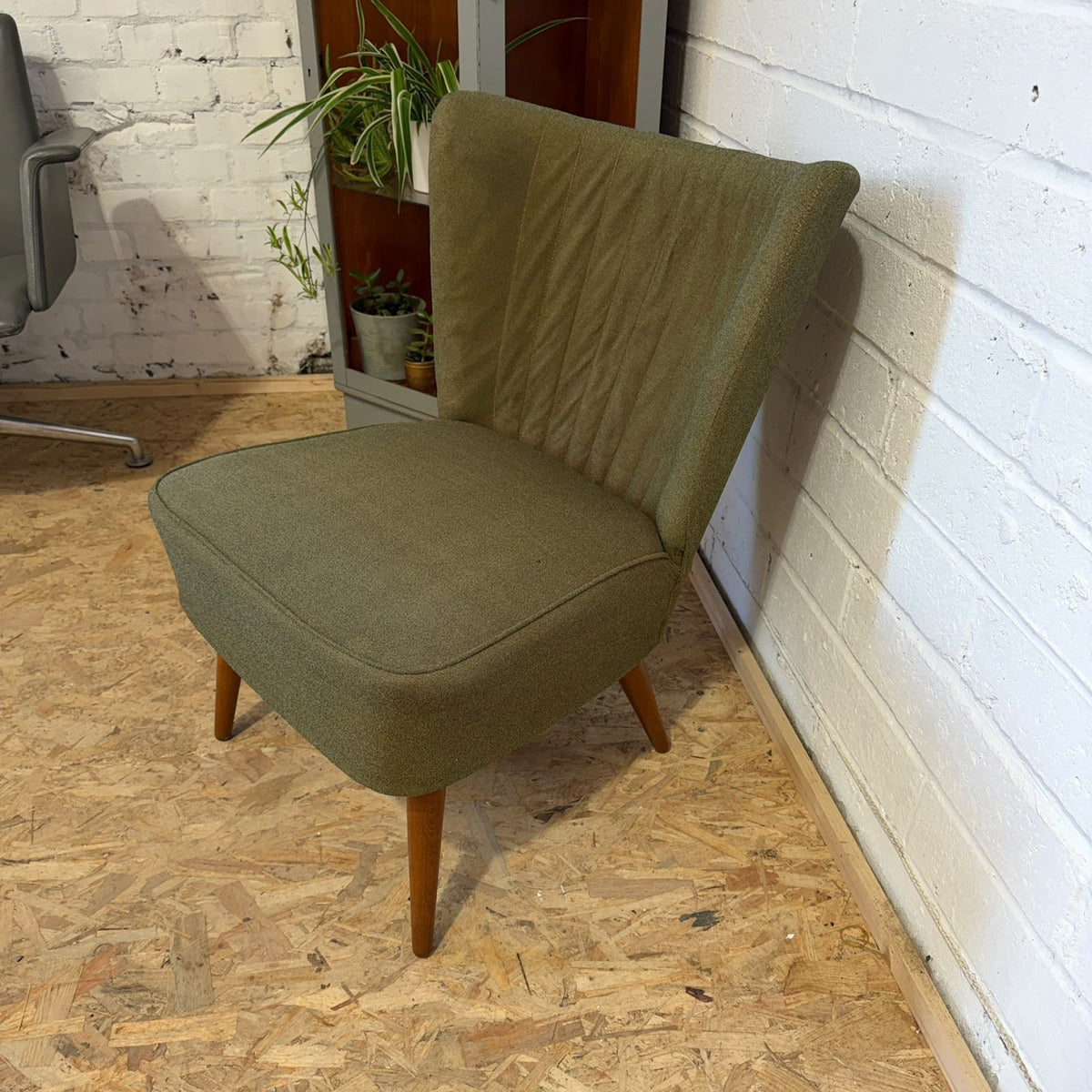 Vintage Upholstered Cocktail Accent Chair Green Teak Tapered Legs Mid Century