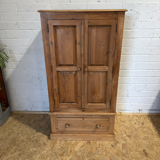 Vintage Pine Small Double Wardrobe Over Single Drawer Hanging Rail Knob Handles
