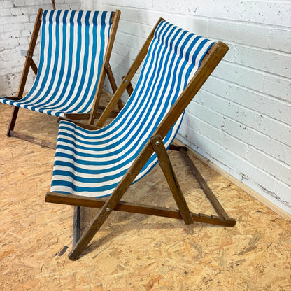 Vintage Pair Wideboy Large SouthSea Deckchairs Beach Garden Wood Frames