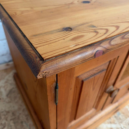 Low Pine Window Seat Media Unit 2 Cupboards Shelf Over Drawer