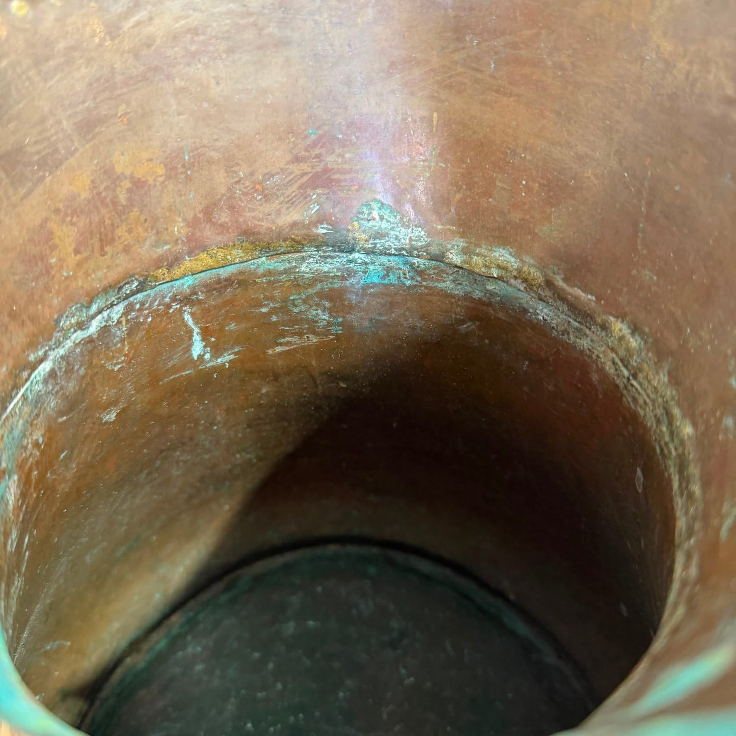 Antique Copper Harvest/Ale Jug 19thC Large Handmade Pitcher Verdigris Patina