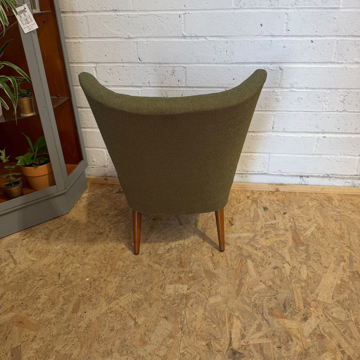 Vintage Upholstered Cocktail Accent Chair Green Teak Tapered Legs Mid Century