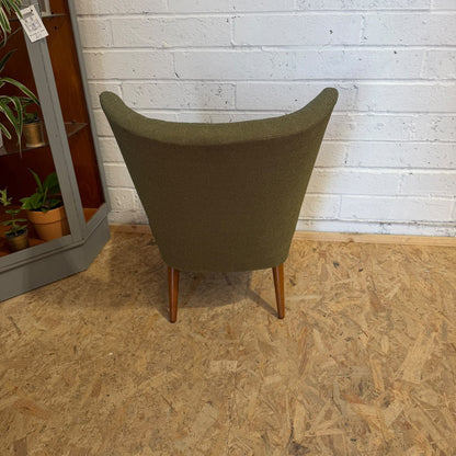 Vintage Upholstered Cocktail Accent Chair Green Teak Tapered Legs Mid Century