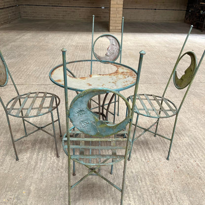 Metal Circular Garden Table & 4 Chairs With Moon Design Green Rust Great Patina