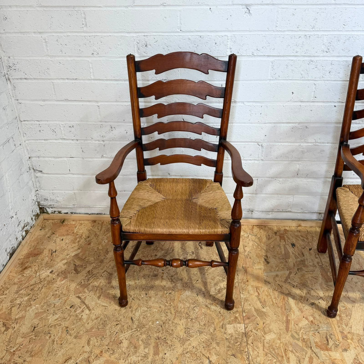 Vintage Pair Rush Seats  Ladder Back Carver Dining Chairs Turned Legs