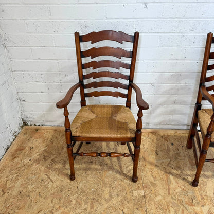 Vintage Pair Rush Seats  Ladder Back Carver Dining Chairs Turned Legs
