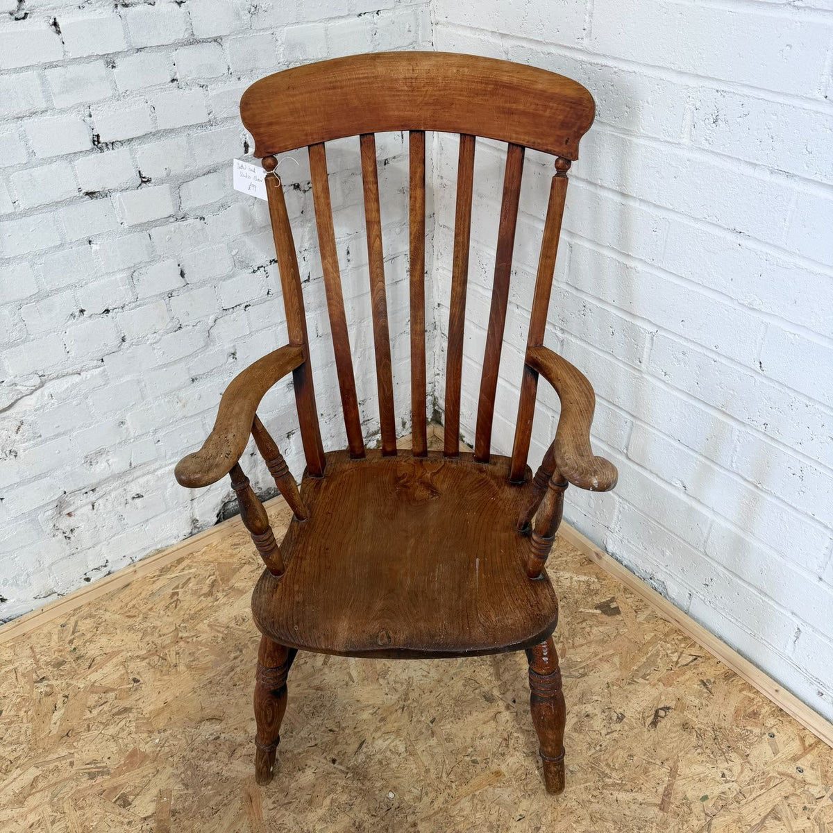 Vintage Rustic Windsor Style High Slatted Backed Armchair Turned Legs
