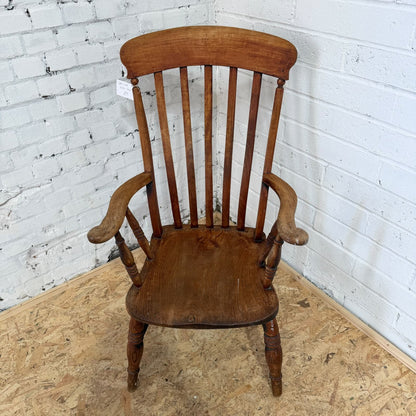 Vintage Rustic Windsor Style High Slatted Backed Armchair Turned Legs