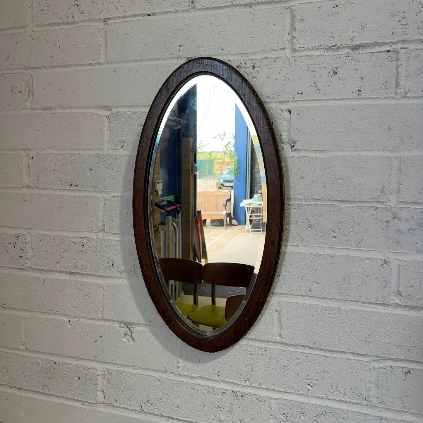 Vintage Wood Framed Oval Bevelled Edge Wall Hanging Mirror