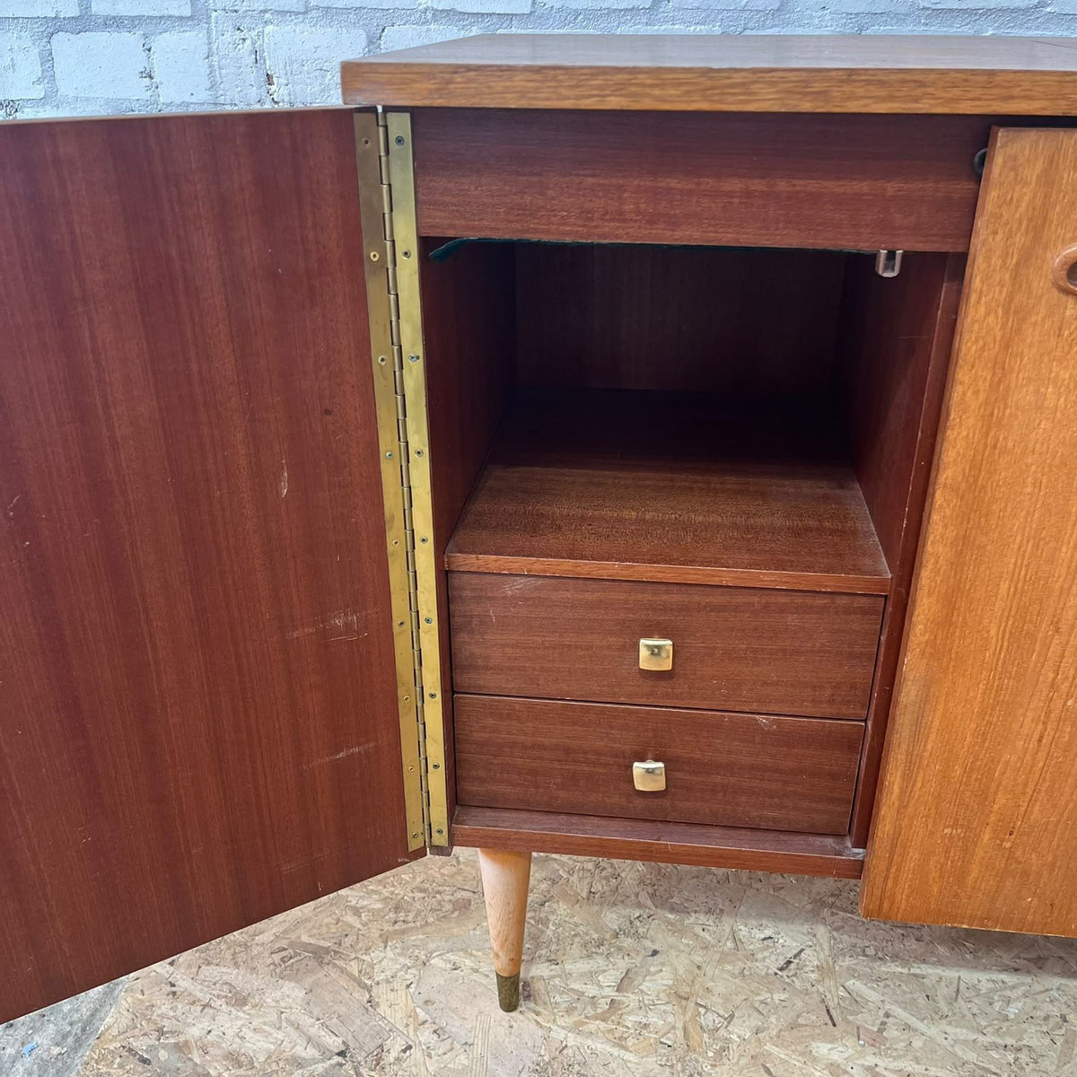 Mid Century Teak 2 Door Cabinet Tapered Legs Sewing Machine Housing Drawers