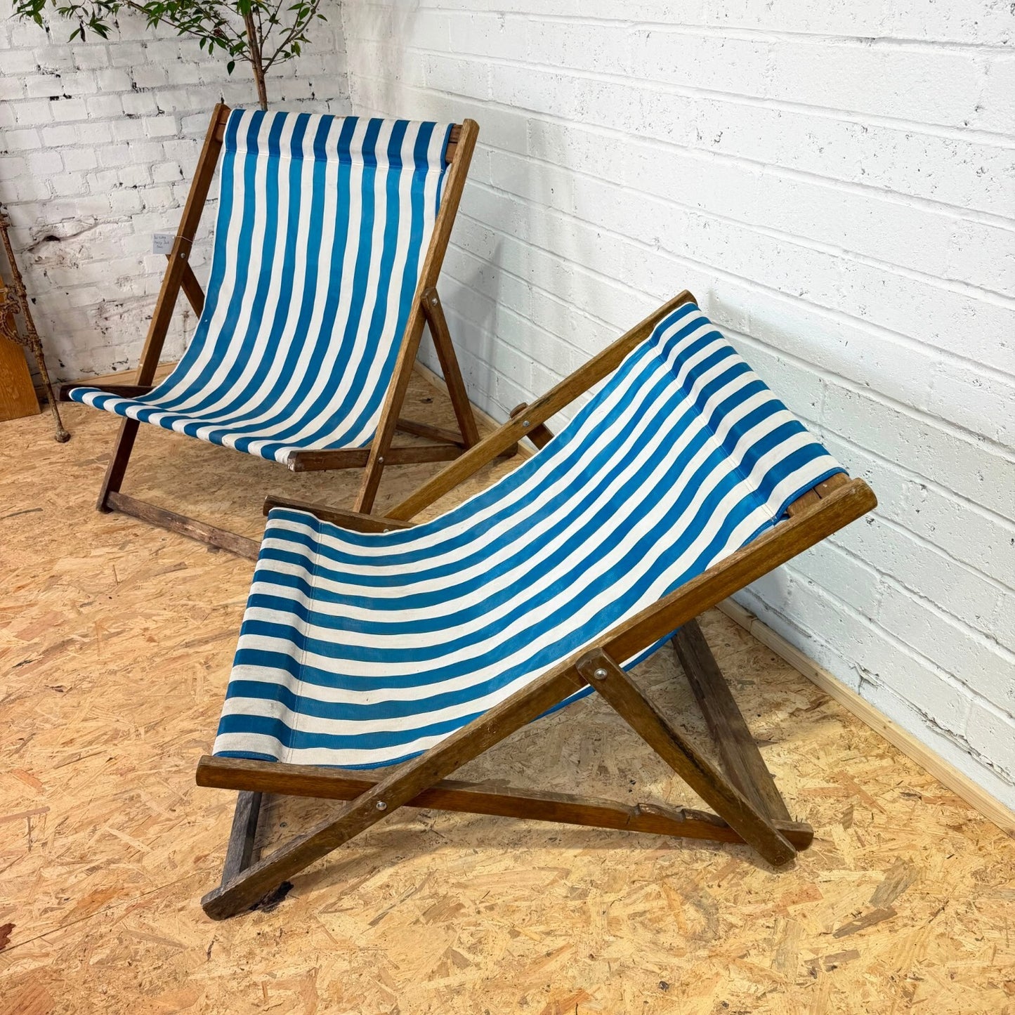 Vintage Pair Wideboy Large SouthSea Deckchairs Beach Garden Wood Frames