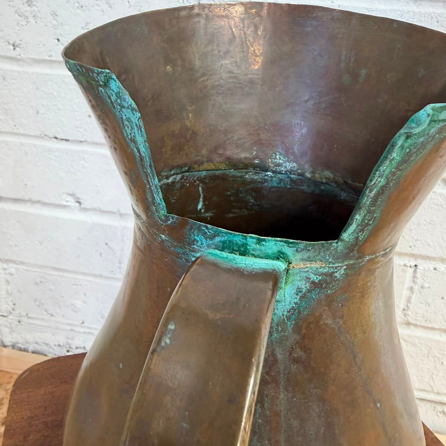 Antique Copper Harvest/Ale Jug 19thC Large Handmade Pitcher Verdigris Patina