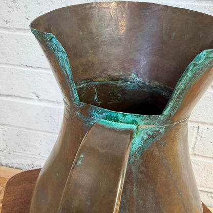 Antique Copper Harvest/Ale Jug 19thC Large Handmade Pitcher Verdigris Patina