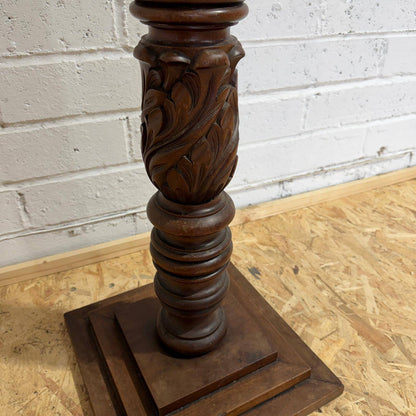 Antique Tall Ornate Mahogany Plant Stand Carved Column Square Base And Top