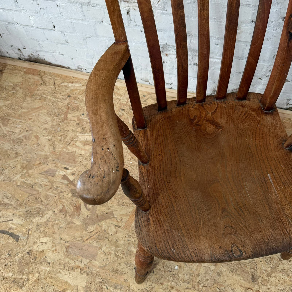Vintage Rustic Windsor Style High Slatted Backed Armchair Turned Legs