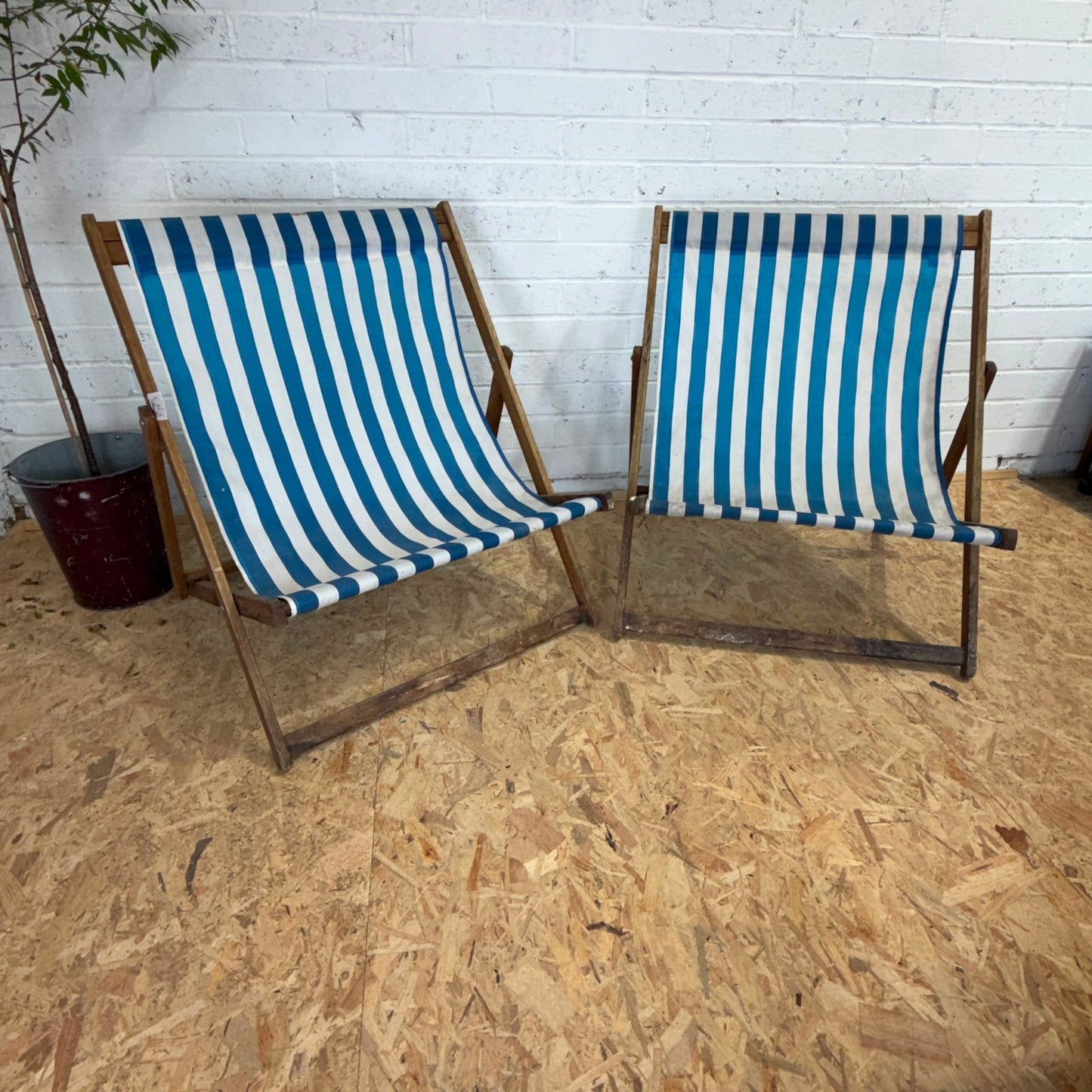 Vintage Pair Wideboy Large SouthSea Deckchairs Beach Garden Wood Frames