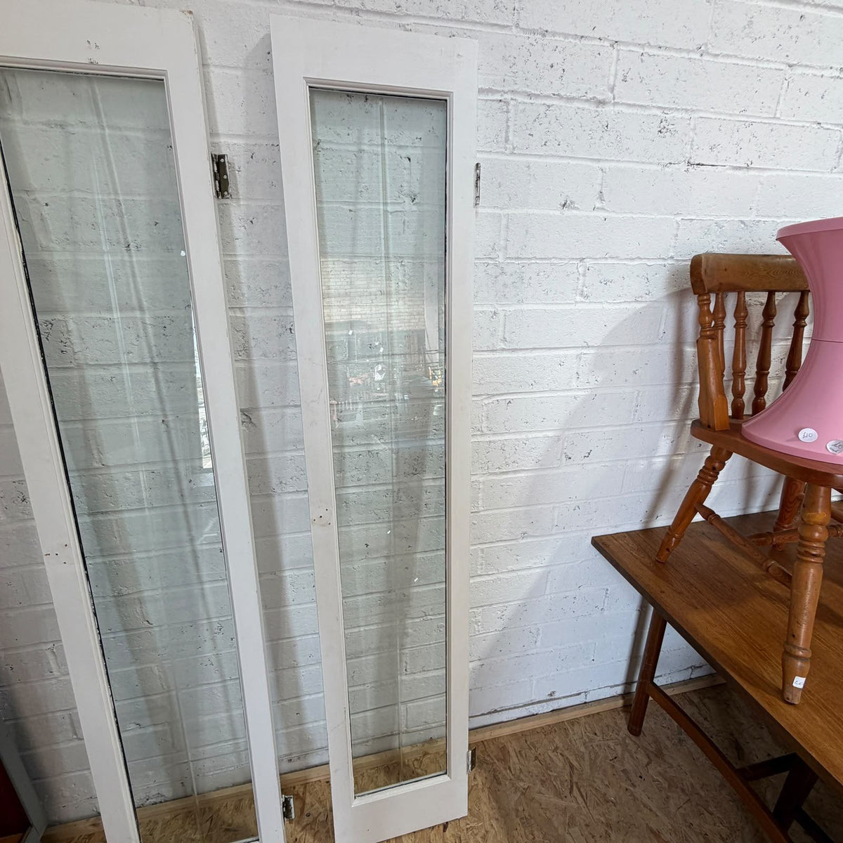 Pair Wooden Frame Glass Slim French Patio Doors White With Hinges
