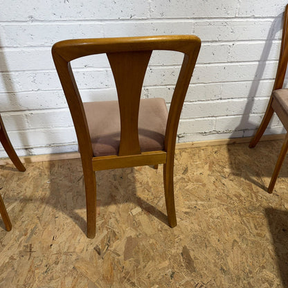 5 Meredew Mid Century Teak Dining Chairs Upholstered Velour Salmon Seats