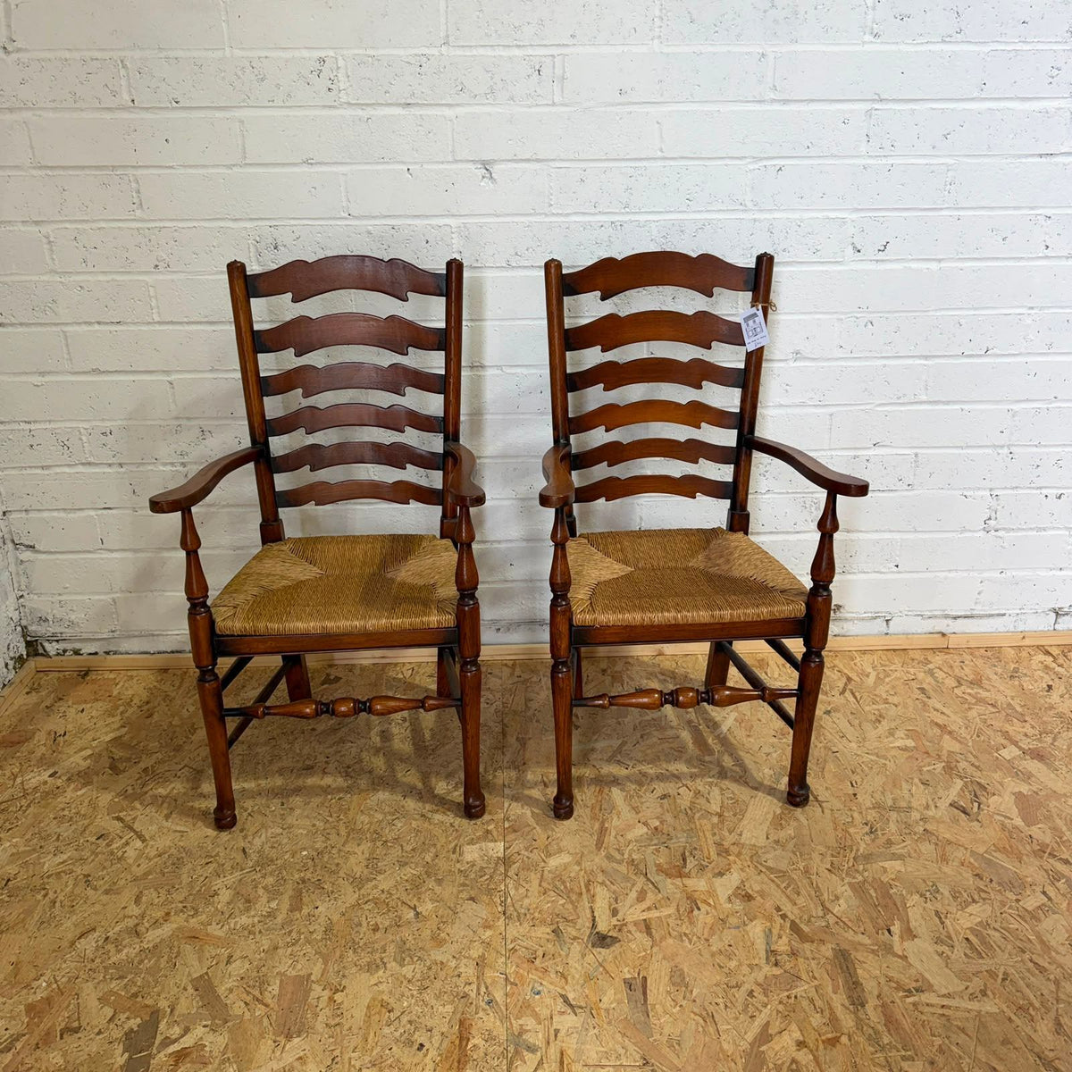 Vintage Pair Rush Seats  Ladder Back Carver Dining Chairs Turned Legs