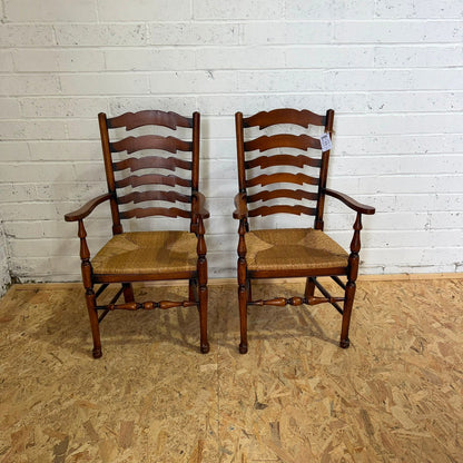 Vintage Pair Rush Seats  Ladder Back Carver Dining Chairs Turned Legs