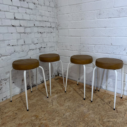 4 Retro Mid Century Upholstered Metal Frame Stools Faux Leather Seats