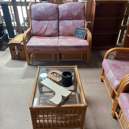 3 Piece Bamboo Conservatory Suite Double Sofa 2 Armchairs Glass Topped Table