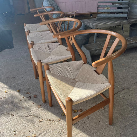 4 Modern Wishbone Style Dining Chairs Cream Rope Seats Mid Century Style
