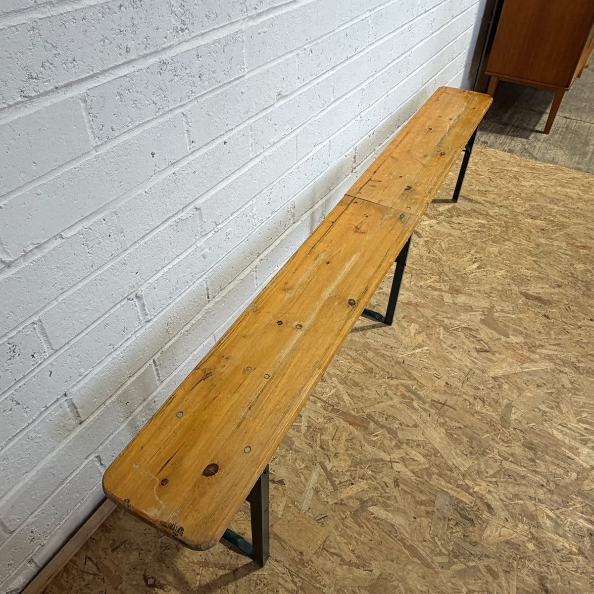 Folding Pine Trestle Bench Garden Cafe Festival Metal Frame 7ft