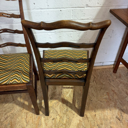 Pair Early 20thC Oak Dining Chairs Upholstered Drop In Seats Ladder Back