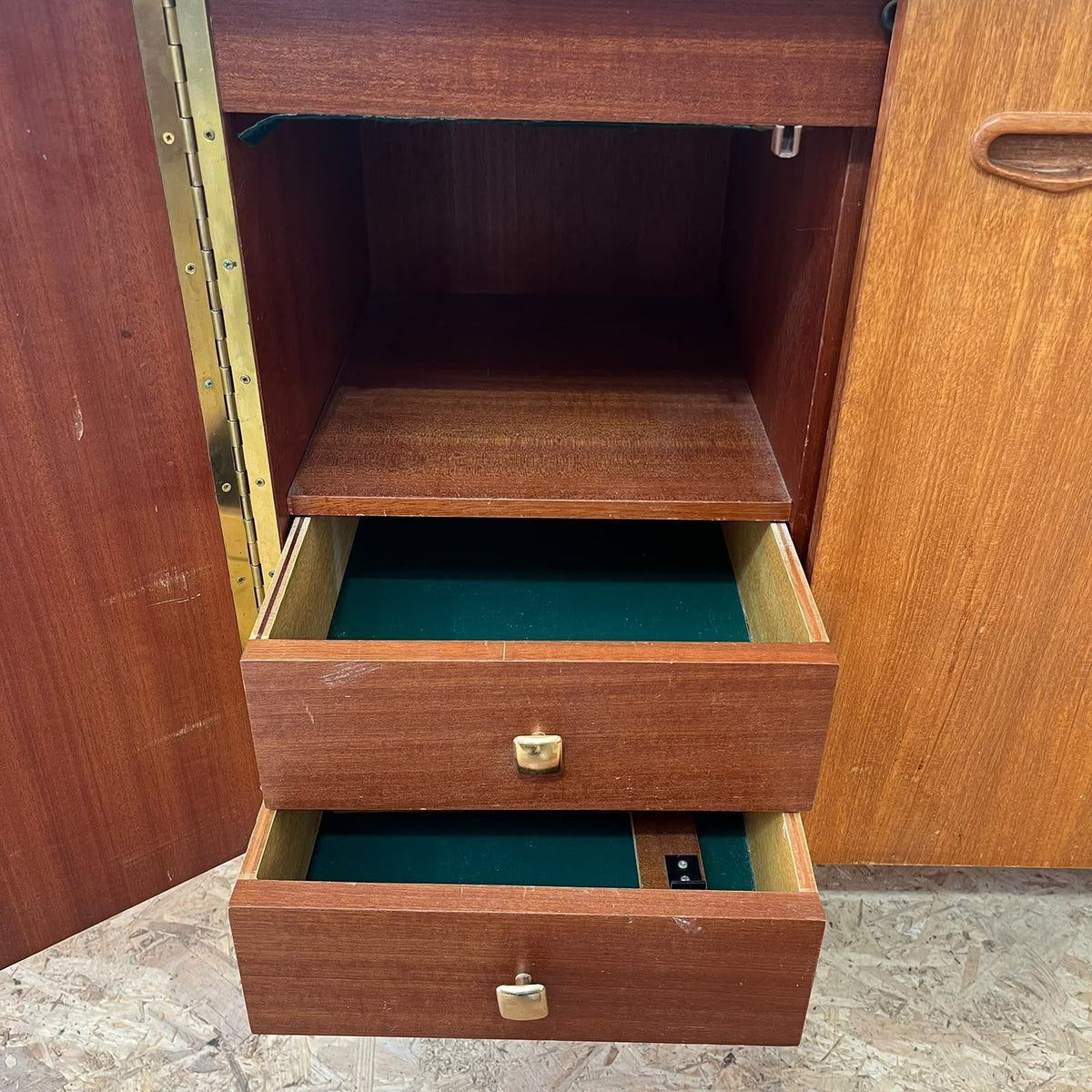 Mid Century Teak 2 Door Cabinet Tapered Legs Sewing Machine Housing Drawers
