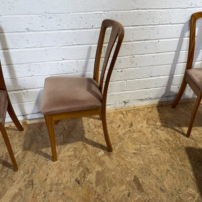 5 Meredew Mid Century Teak Dining Chairs Upholstered Velour Salmon Seats
