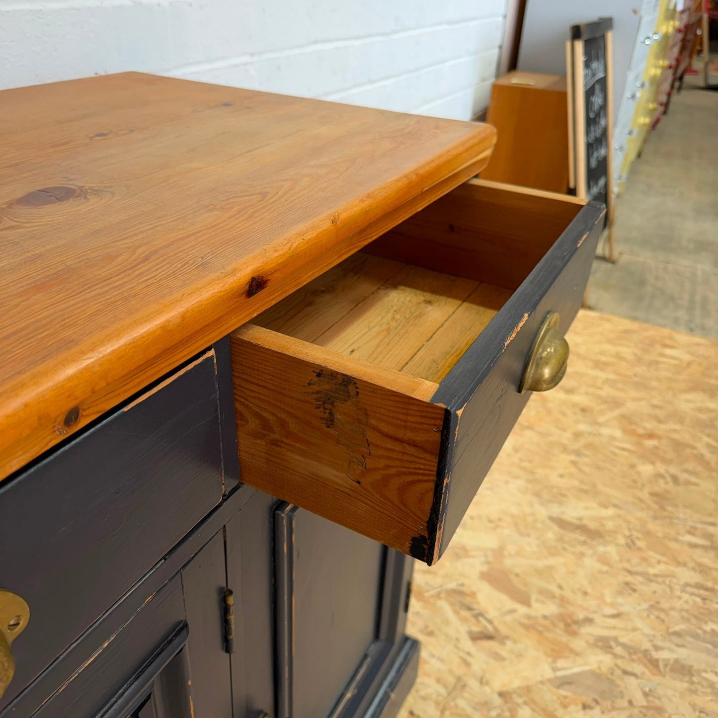 Pine Triple Sideboard 3 Drawers Over Cabinets Brass Cup Handles Shabby Chic
