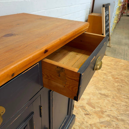 Pine Triple Sideboard 3 Drawers Over Cabinets Brass Cup Handles Shabby Chic