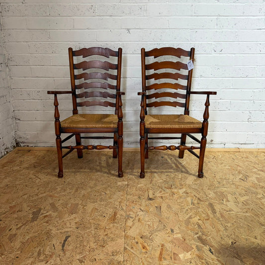 Vintage Pair Rush Seats  Ladder Back Carver Dining Chairs Turned Legs