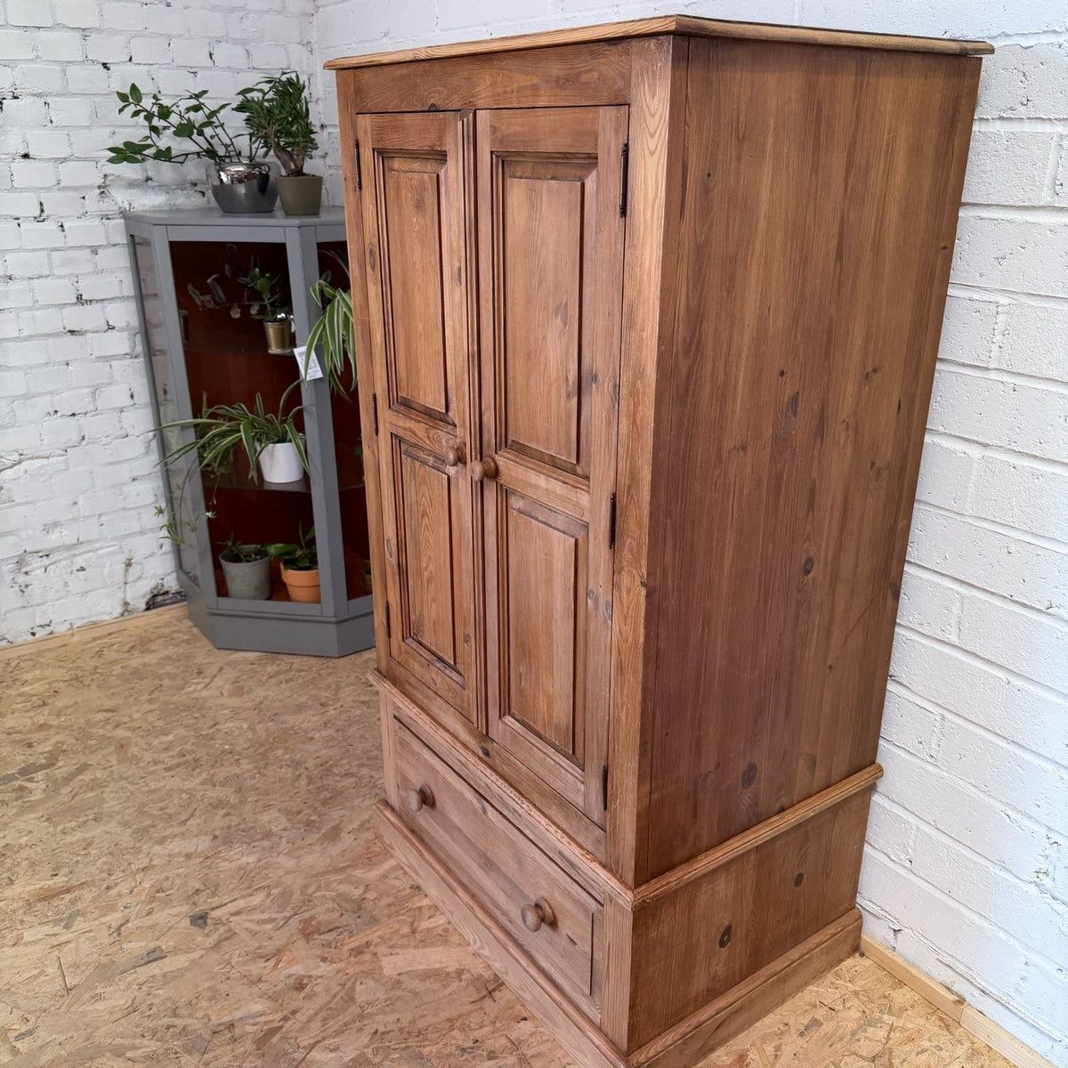 Vintage Pine Small Double Wardrobe Over Single Drawer Hanging Rail Knob Handles