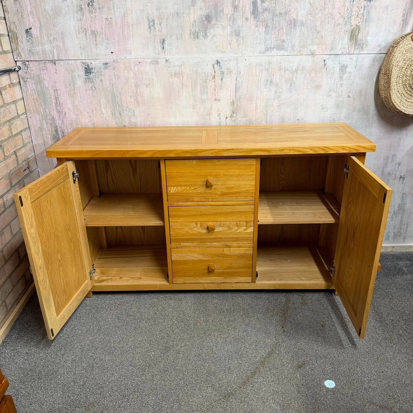 Solid Oak Furnitureland Triple Sideboard Buffet Cabinet 2 Cupboards 3 Drawers