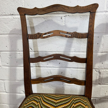 Pair Early 20thC Oak Dining Chairs Upholstered Drop In Seats Ladder Back