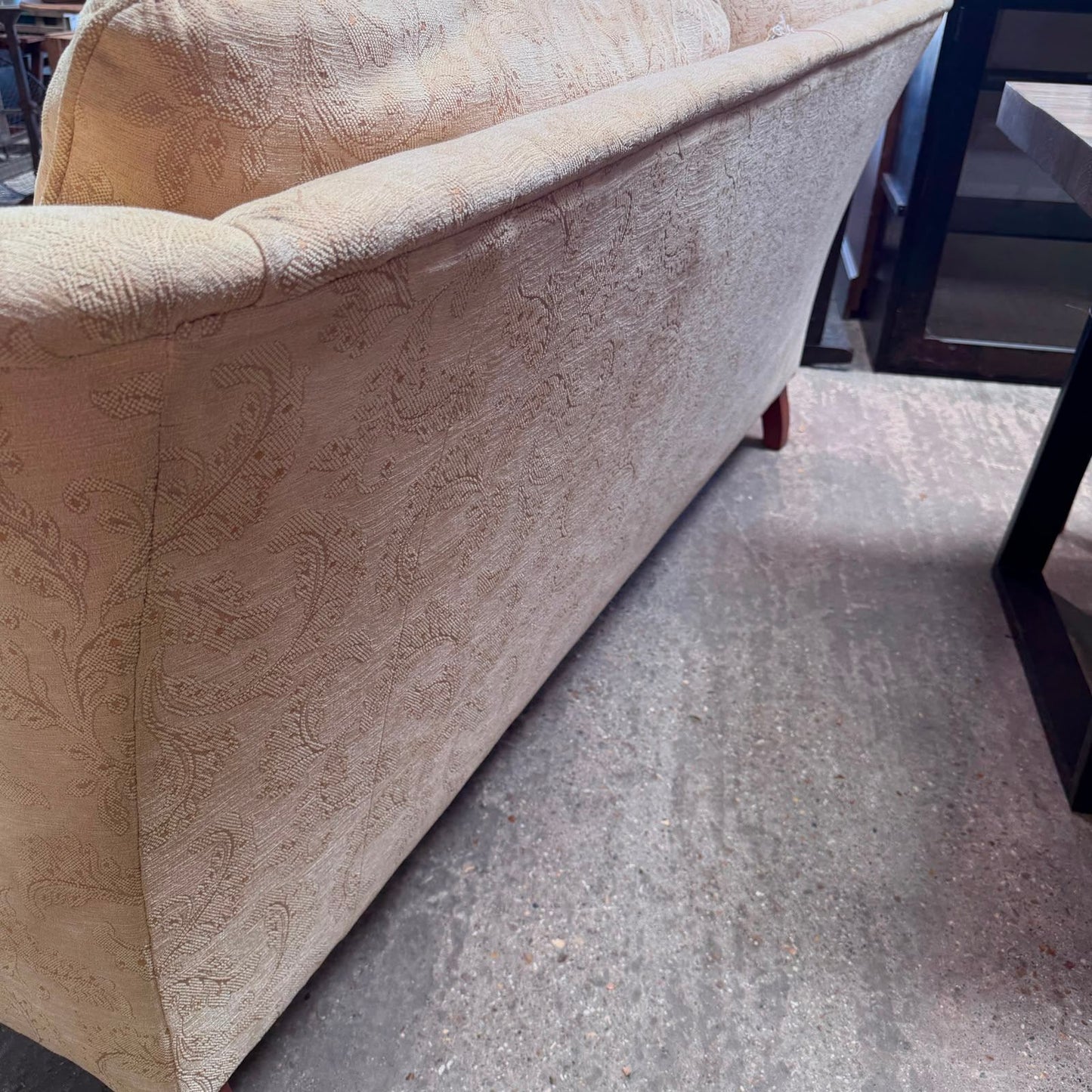Large High Arm 3 Seater Sofa Warm Cream Floral Design Front Castors Stowe Design
