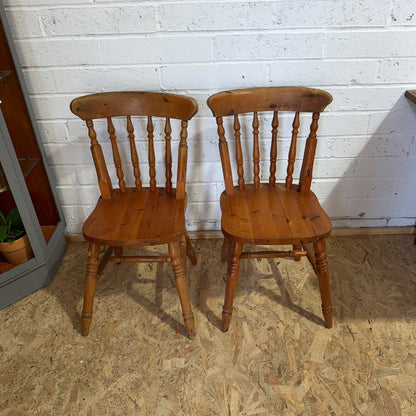 Pair Pine Rustic Vintage Farmhouse Chairs Turned Backs And Legs Solid