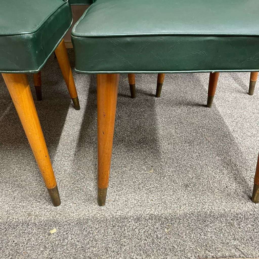 5x Vintage Retro Dining Chairs Faux Leather Tapered Teak Legs Brass Caps
