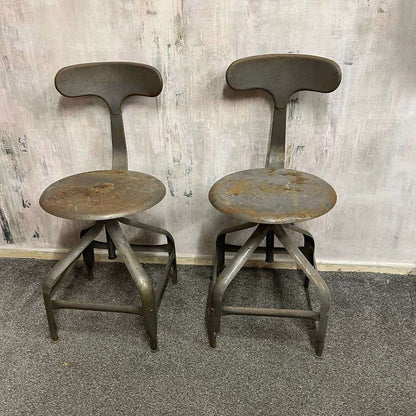 Pair Vintage Industrial Metal Chairs Adjustable Seat Height Office Great Patina