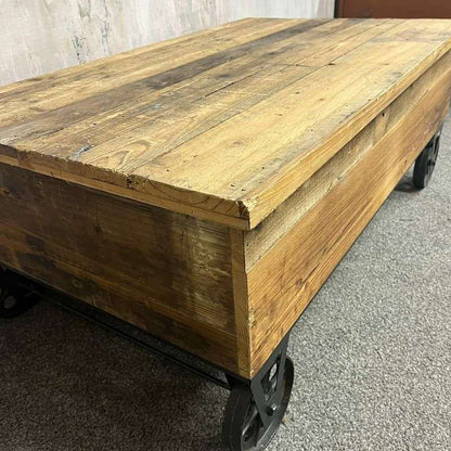 Wooden Plank Topped Trolley Coffee Table Black Metal Wheels Vintage Look