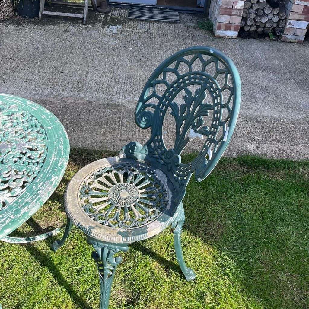 Painted Garden Table &amp; 2 Chairs Great Patina Peeling Paint Solid